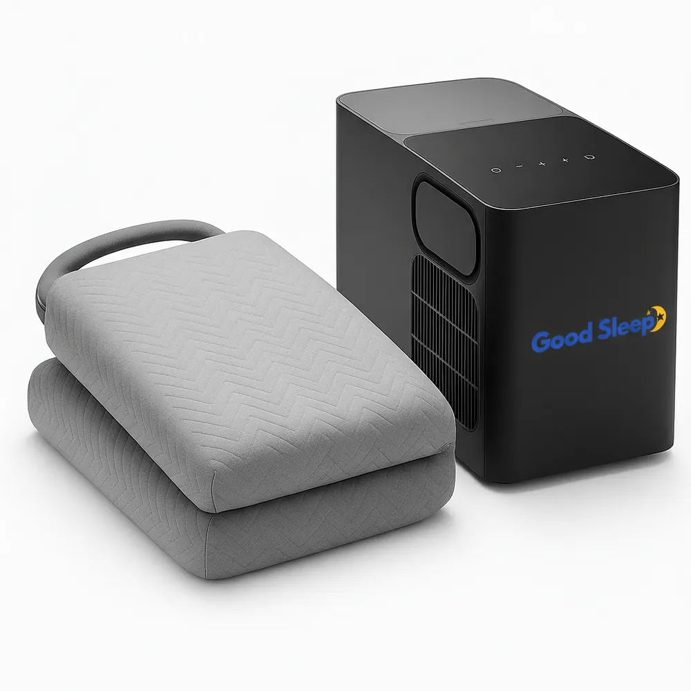 Water cooled mattress pad: temperature hub beside a folded water-channel topper